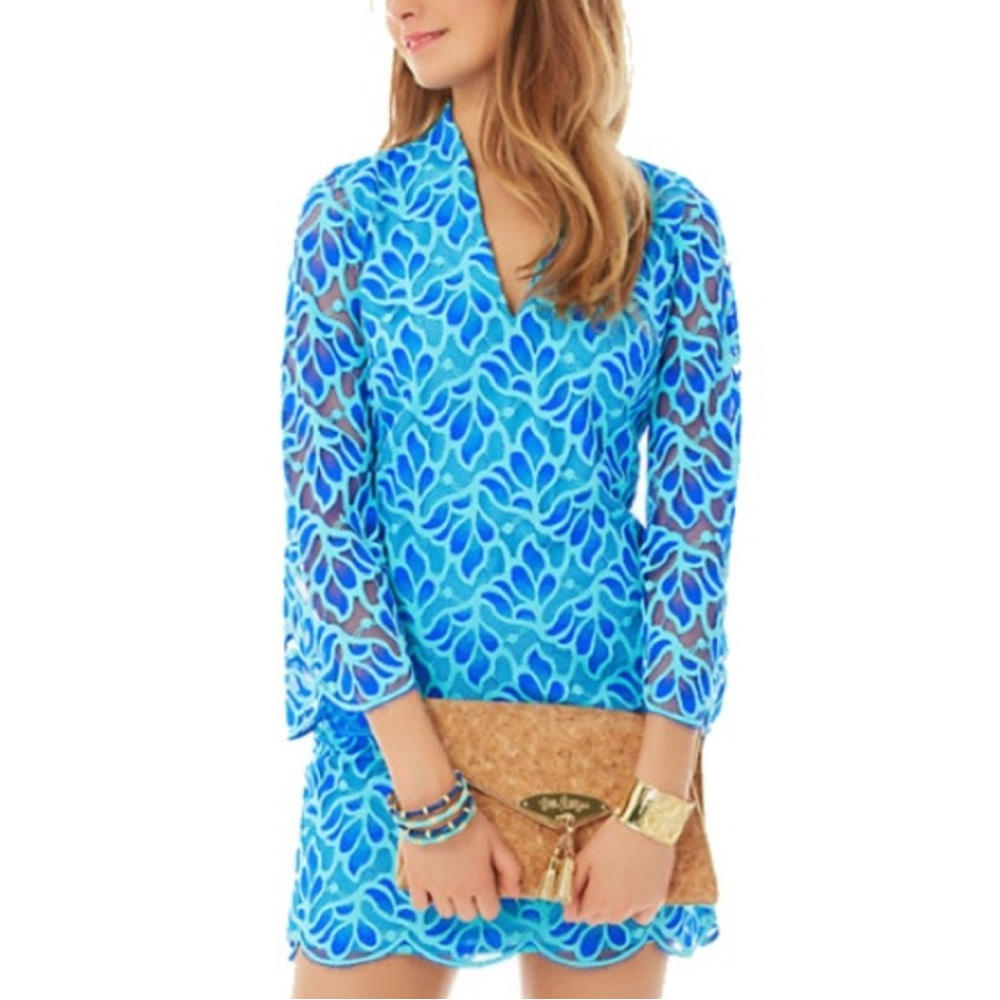 Lilly Pulitzer Dress Devina Scalloped shift blue Lace Dress Sz 4